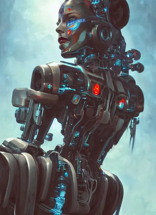 Prompt: An epic fantastic realism graphic novel cover style painting of a beautiful girl riding on the shoulders of a robot with four arms, robotics, short pigtails hair, cyberpunk, Concept world Art, ultrarealistic, hyperrealistic, dynamic lighting by Paolo Eleuteri Serpieri