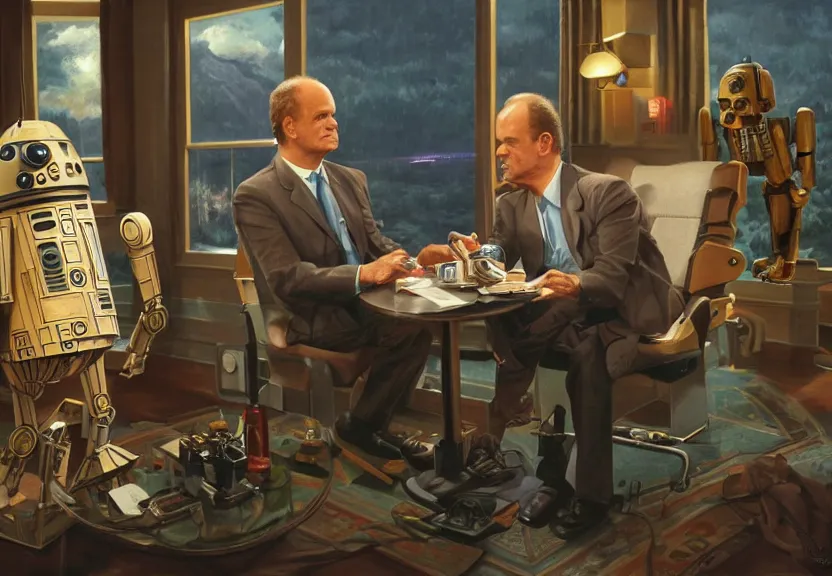 Prompt: an episode of frasier, set in the year 2 1 2 2, kelsey grammer is a cyborg. frasiers dad, brother and little dog are droids, intricate detail, volumetric shadows and lighting, realistic oil painting by tim hildebrandt,