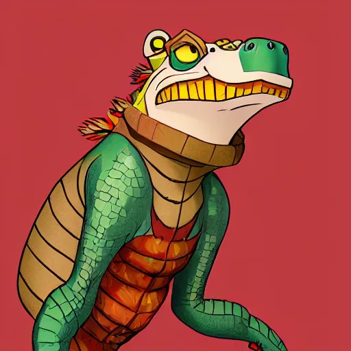 Image similar to in the style of artgerm, loish and ross tran, anthropomorphic alligator, red scales on his back, yellow scale on his belly and chest, male, waring a hawaiian shirt, in the style of zootopia