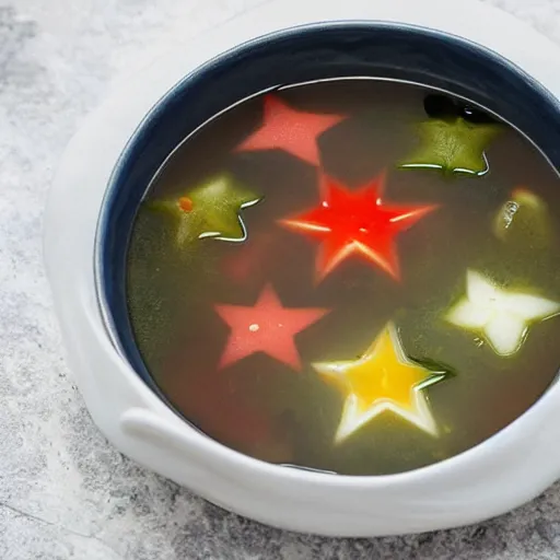 Prompt: space cosmos and star flavoured soup in a bowl, food photography