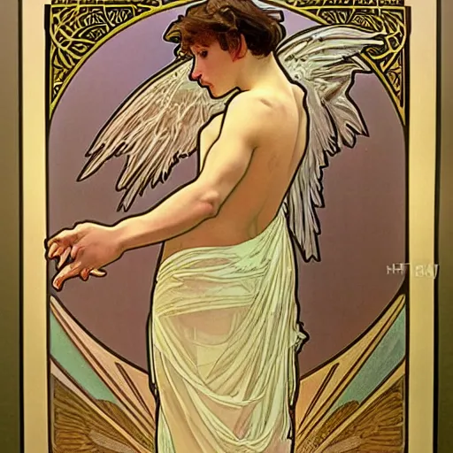Prompt: ultra realistic illustration of thirteen year old winged boy angel, full body, male body, elegant study, art nouveau poster by alphonse mucha