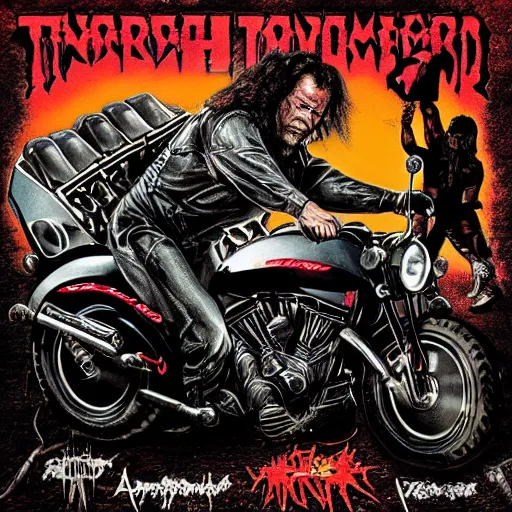 Image similar to thrash metal album cover with arnold schwarzenegger riding a motorcycle by ed repka