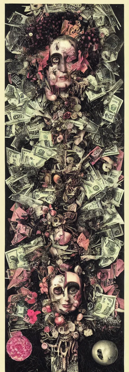 Image similar to post - punk new age album cover, asymmetrical design, dollar bank notes, capitalism, magic, apocalypse, psychedelic, black white pink, magic, giger h. r., giuseppe arcimboldo