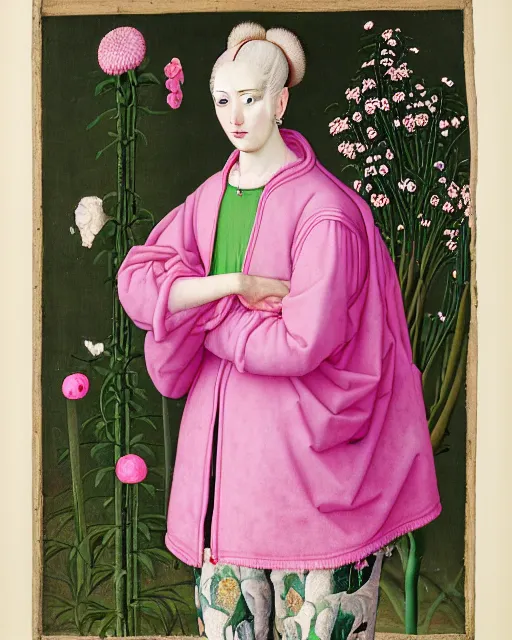 Image similar to portrait of a woman with pink hair buns, wearing a green puffer jacket and baggy jeans, standing in a garden full of plants and flowers, white background, intricate details, high detail, in the style of rogier van der weyden and jacopo da pontormo, punk, asian art,