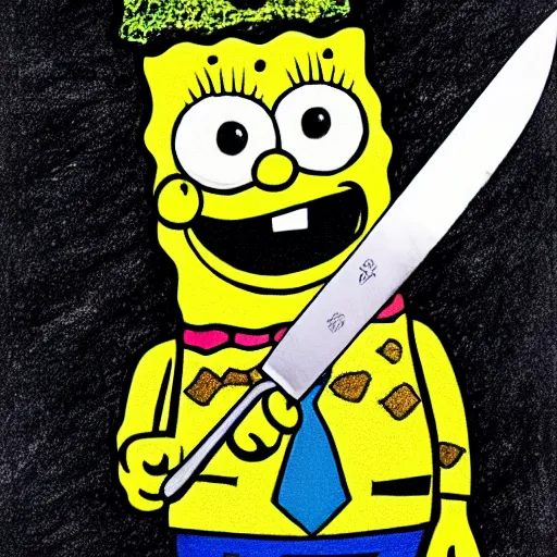 Prompt: crayon drawing of spongebob squarepants holding a kitchen knife