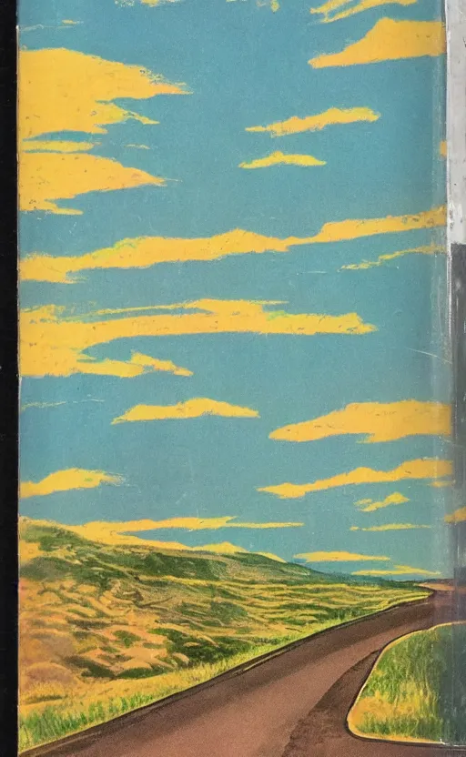 Prompt: paperback book cover. 1 9 6 0 s. pure colors, melting clouds, accurately drawn details, a sunburst above a receding road with the light reflected in furrows and ruts, after rain. and no girls.