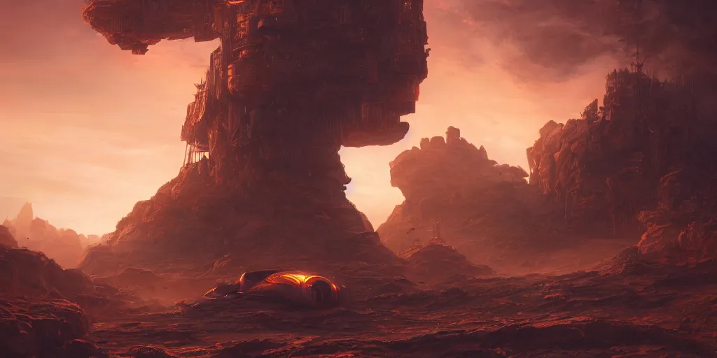 Image similar to futuristic steampunk giant starship, surrounded by eroded rocks, by Andreas Rocha, stunning volumetric lighting, sundown, trending on Artstation, 8k, photorealistic, hyper detailed, unreal engine 5, cinematic, epic lighting, cryengine, octane render, cyberpunk, red and orange glow