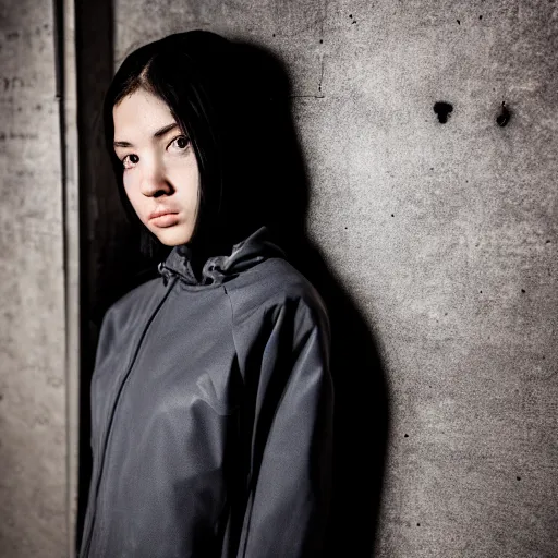 Image similar to photograph of a techwear mixed young woman inside a hidden busy speakeasy, closeup, brutalist design, sigma 85mm f/1.4, 4k, depth of field, high resolution, 4k, 8k, hd, full color