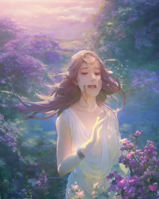 Prompt: the goddess of flowers, full shot, atmospheric lighting, detailed face, by makoto shinkai, stanley artgerm lau, wlop, rossdraws