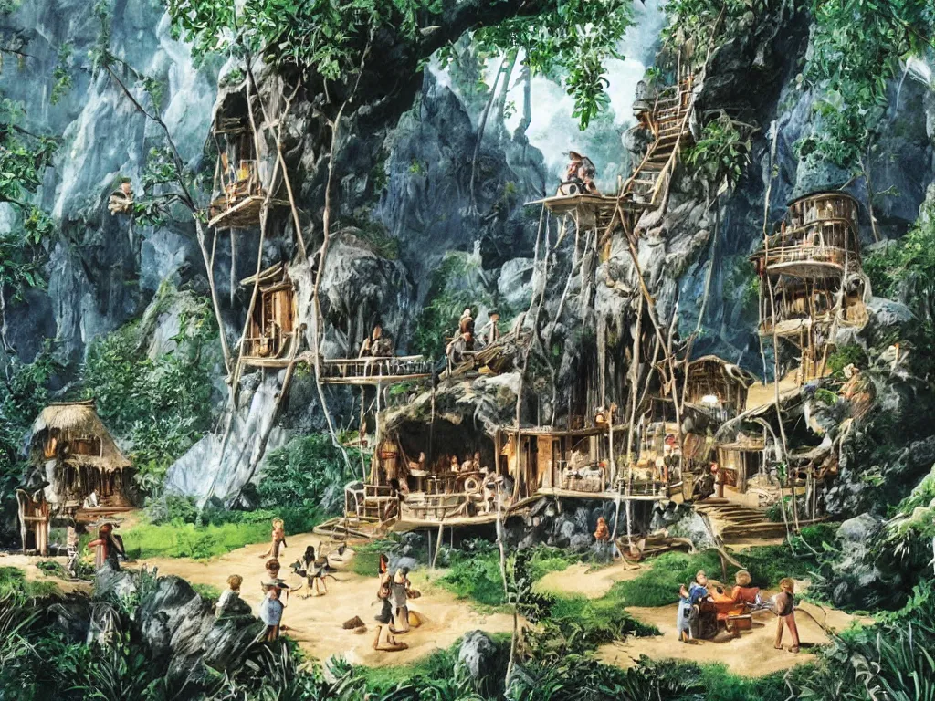 Prompt: an illustration of the swiss family robinson making their home in a crystal cave