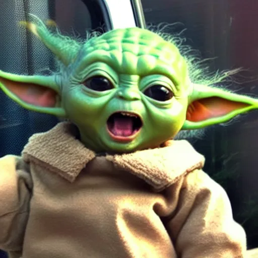 Image similar to baby yoda screaming at the mcdonalds drive thru window