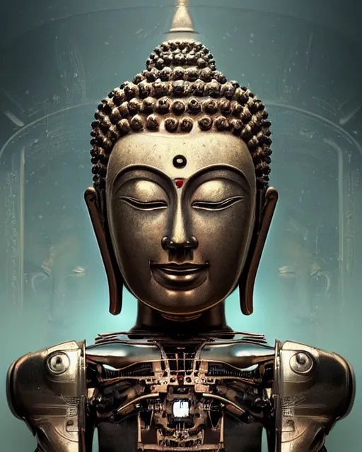 Prompt: perfectly centered and symmetrical portrait of a biomechanical robot buddha with 3 faces, intense stare, sarcastic smile, volumetric lighting, volumetric shadows, realistic oil painting by greg rutkowski,