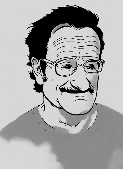 Image similar to illustration of Robin Williams, by Studio Ghibli, 8k, film still, cinematic, sharp focus, concept art, smooth