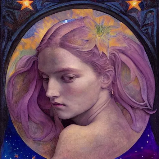 Image similar to queen of the moon with stars in her hair, by annie swynnerton and tino rodriguez and nicholas roerich and lucien freud and jean delville and charlie bowater, dramatic lighting, floral tattoos, rich colors, smooth sharp focus, extremely detailed, adolf wolfli