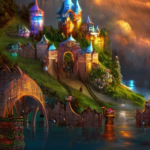 Prompt: A magical fantasy royal castle town that sits on a magnificent floating island; night scenery, trending on artstation, award winning digital art