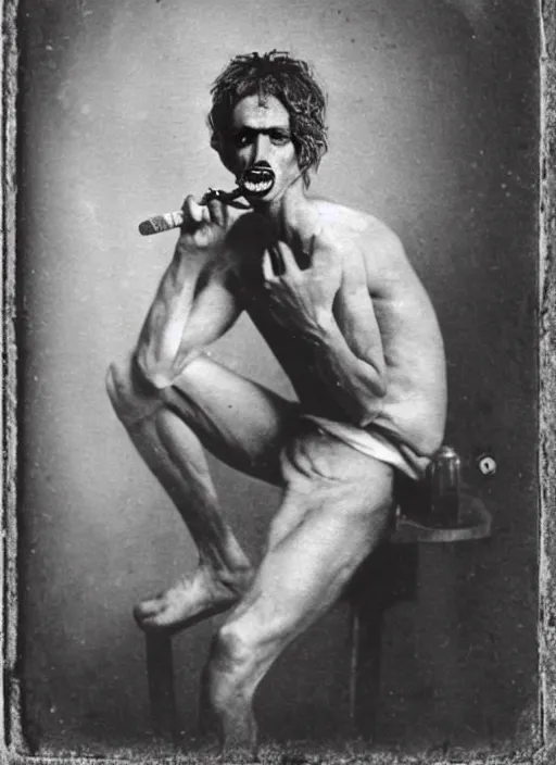 Prompt: Daguerreotype of a skinny crackhead tweaker wearing a wifebeater tanktop, buzzed hair smoking a meth pipe. Faces of meth, classical portrait, 1894