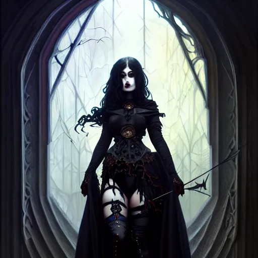 Image similar to A epic fantasy portrait of a cute goth woman, castle setting, horror movie lightning, intricate, elegant, highly detailed, digital painting, artstation, concept art, matte, sharp focus, illustration, art by Artgerm and Greg Rutkowski and Alphonse Mucha