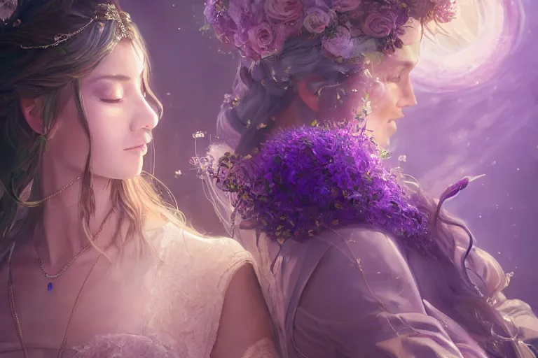 Image similar to a dreamlike cinematic portrait of wedding photograph close up moment of a divine a russia sun god and moon goddess lovers magician at a wedding banquet. portraiture. digital painting. artstation. concept art. fantasy wedding photo. digital painting, 8 k realistic, hyper detailed, violet evergarden art masterpiece by art by krenz cushart