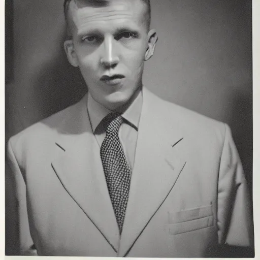 Image similar to black and white photograph irradiated man wearing a 1950s business suit portrait dramatic lighting by Walker Evans