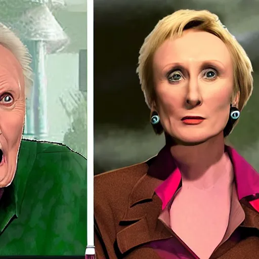 Image similar to john voight pranking jane lynch, green slime bucket, throwing slime at her, jane lunch is furious, steam coming out her ears, john voight is giddy, ps 2 graphics, water colour style