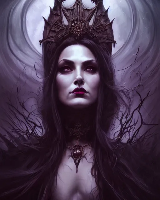 Image similar to portrait of an evil queen, dark magic, beautiful face, attractive young woman,heroic pose, full body, dramatic lighting, dark and horror, dust and blood, intricate, wild, highly detailed, digital painting, artstation, concept art, smooth, sharp focus, illustration, art by artgerm and greg rutkowski and alphonse mucha, footage from space camera