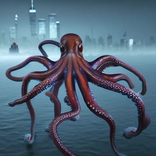 Image similar to hyperrealism simulation of parallel universe highly detailed human octopuses'wearing transperant jackets floating in new - york in surreal scene from art house movie from future by caravaggio rendered blender and octane render