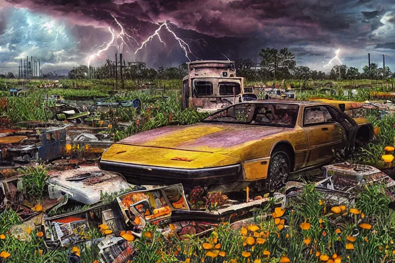 Image similar to hyperrealism, scene from thunderstorm, starship, junkyard, louisiana swamps, orange blooming flowers garden, 8 k, 8 0 s japanese sci - fi books art