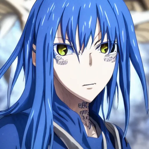 Prompt: a closeup of rimuru tempest from tensei shitara slime datta ken sitting down for a painting, somber, intimidating facial expression, ultra realistic, fully clothed, intricate details, highly detailed, 8 k, photorealistic, with pale skin and blue hair, pores visible,