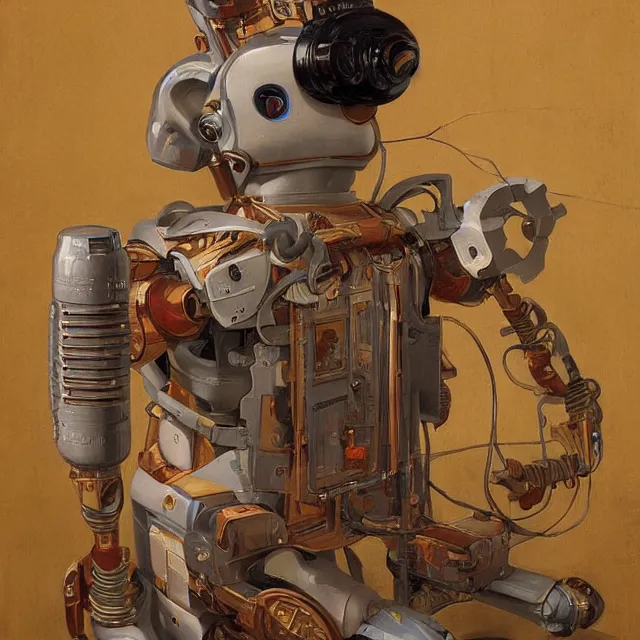 Prompt: robot artist painting a self - portrait on a canvas. intricate, highly detailed, digital matte painting, in the style of alexandros pyromallis, and in the style of sachin teng, and in the style of hans thoma, and in the style of gil elvgren. irony, recursion, inspiration, art deco.