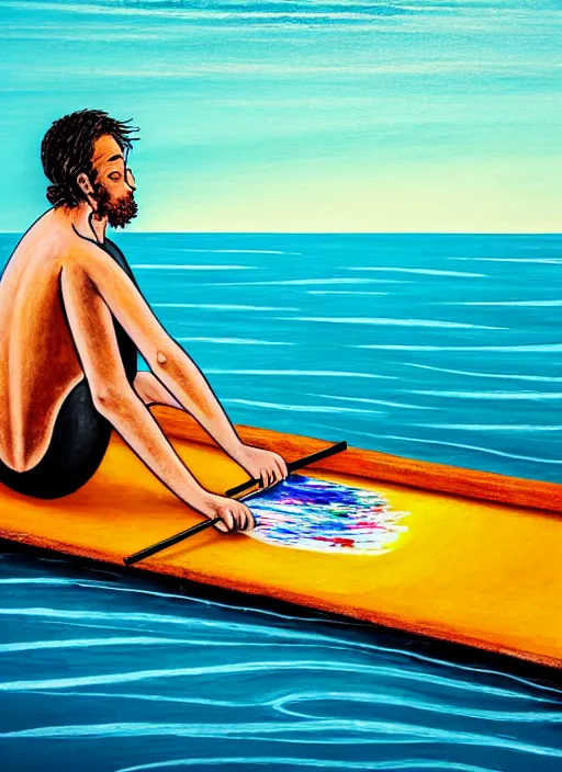 Prompt: self portrait of a painter painting himself on a raft in the ocean