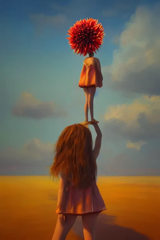 Image similar to closeup giant dahlia flower head, girl standing on beach, surreal photography, blue sky, sunrise, dramatic light, impressionist painting, digital painting, artstation, simon stalenhag