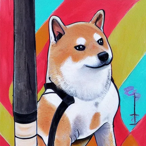 Prompt: shiba inu dog, baseball bat bonk, dog swinging bat 🐶 🏏 🎨🖌