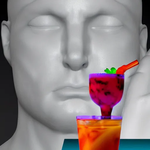 Prompt: close - up of a 3 d white marble human head holding a coctail, colorful coctail, digital illustration, 3 d render, above the waist