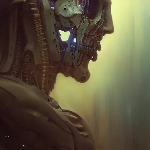 Prompt: horror digital concept art portrait of a high - tech cyborg on a depth of field background, artstation, award - winning realistic sci - fi concept art by jim burns and greg rutkowski, beksinski, a realism masterpiece, expressive color palette, james gilleard, bruegel, alphonse mucha, and yoshitaka amano