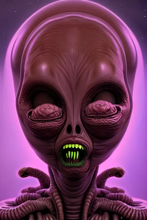 Image similar to beautiful portrait of friendly alien eating some babies, style of Feng Zhu, by Richard Corben, Artstation geometric, aesthetic, smooth skin, unique features, symmetrical, intricate crown, high fashion, streetwear, cyberpunk, detailed, octane render, cinematic, 8k, purple skin, brown skin