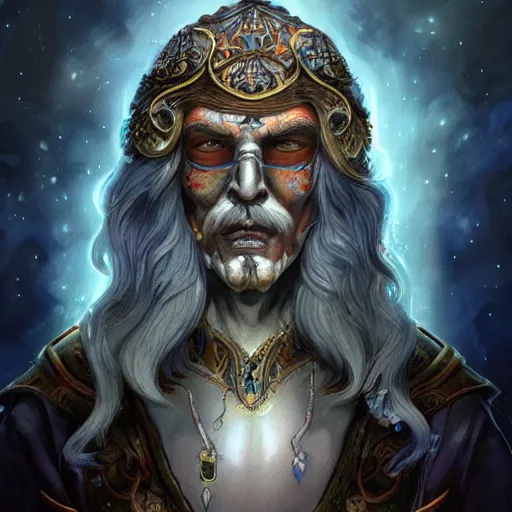 Image similar to an Artstation 3d render of Very very very very highly detailed beautiful mystic head of a phantom warrior with galaxy, tattoos by Anton Pieck, intricate, extremely detailed, digital painting, artstation, concept art, smooth, sharp focus, illustration, intimidating lighting, incredible art,