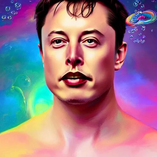 Image similar to dream portrait of Elon Musk, dreamy and ethereal, expressive pose, big pink eyes, exciting expression, fantasy, intricate, elegant, many rainbow bubbles, rose tones, highly detailed, digital painting, artstation, concept art,cyberpunk wearing, smooth, sharp focus, illustration, art by artgerm and greg rutkowskiand alphonse mucha,Salvador Dali.