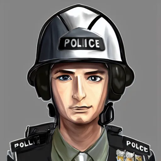 Image similar to A British police officer wearing a custodian helmet, highly detailed, ambient lighting, trending on art station, anime art style