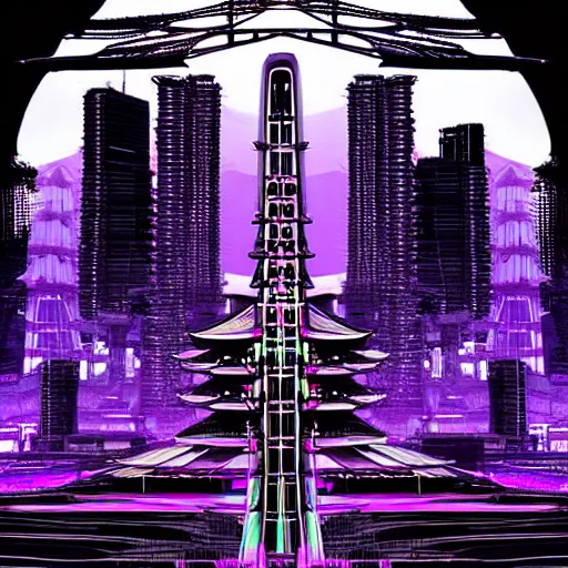 Image similar to Futuristic Pagoda Shrine in Tokyo megapolis in style of Tsutomu Nihei in purple and black tones. ArtStation, Cyberpunk, vertical symmetry, 8K, Highly Detailed, Intricate, Album Art.