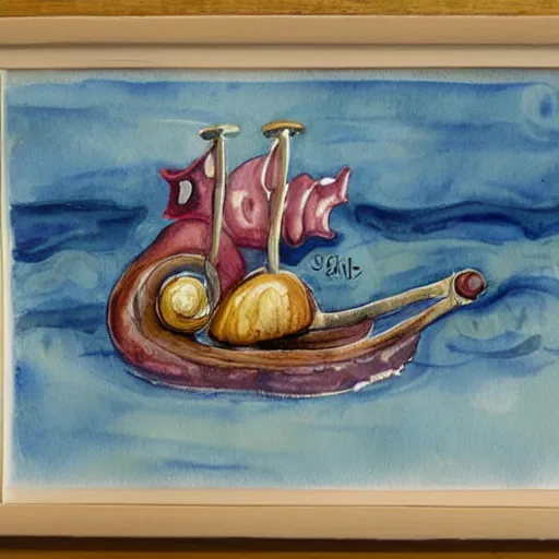 Prompt: a viking snail, on a ship at sea. watercolor painting