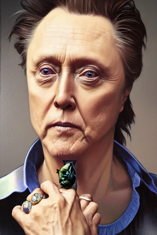 Prompt: portrait of christopher walken with an face tattoo, masterpiece painting by artgerm and greg rutkowski and alphonse mucha and android jones