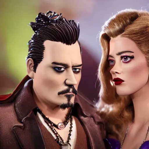 Prompt: UHD Amber Heard and Johnny Depp rolling in brown blobs, recreated in robot chicken