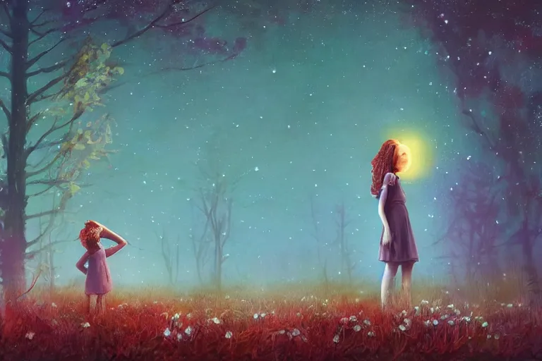 Prompt: giant daisy flower head, girl standing in forest, surreal photography, dark night, stars, moon light, impressionist painting, clouds, digital painting, artstation, simon stalenhag