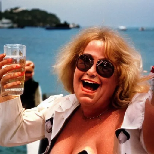 Prompt: 3 5 mm photo of raucous drunk boisterous loud portly french comedienne tippi pupu holding a drink and barking at a crowd, cannes 1 9 7 8