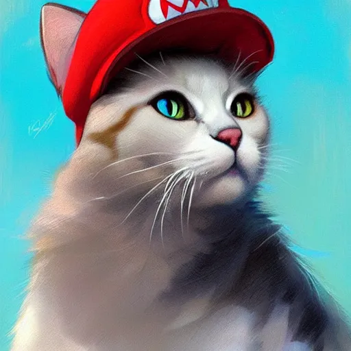 Image similar to Portrait of a Cat wearing a Mario hat, kawaii aesthetic, nintendo, highly detailed, digital painting, artstation, concept art, smooth, sharp focus, illustration, art by artgerm and greg rutkowski and alphonse mucha