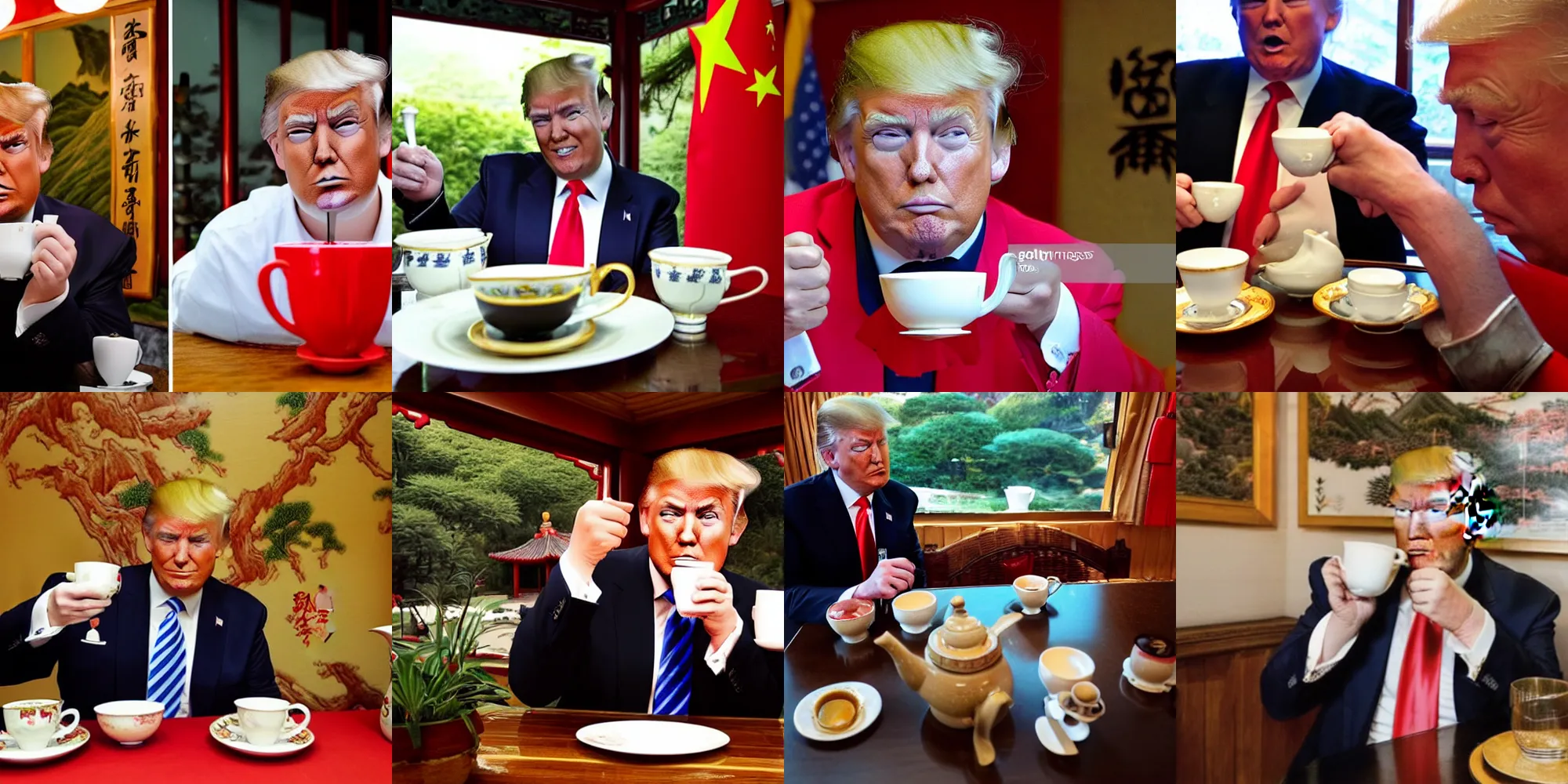 Prompt: donald trump drinking tea in a chinese tea house