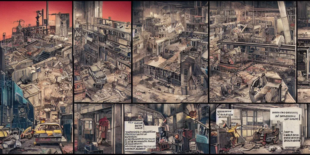 Prompt: full page comic book drawings of disturbing factory urbex scenes, urban hell on a hot summer night, bold color palette, high contrast, by carel willink and gregory crewdson, moebious, jean giraud, comic book panels, octane render, bewerk anime