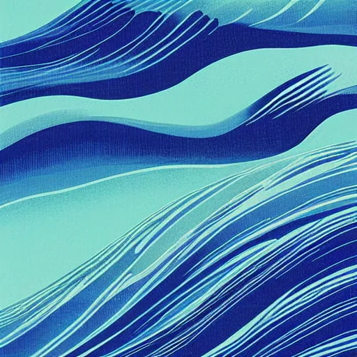 Prompt: waves crashing on the shore, shades of blue, by eyvind earle