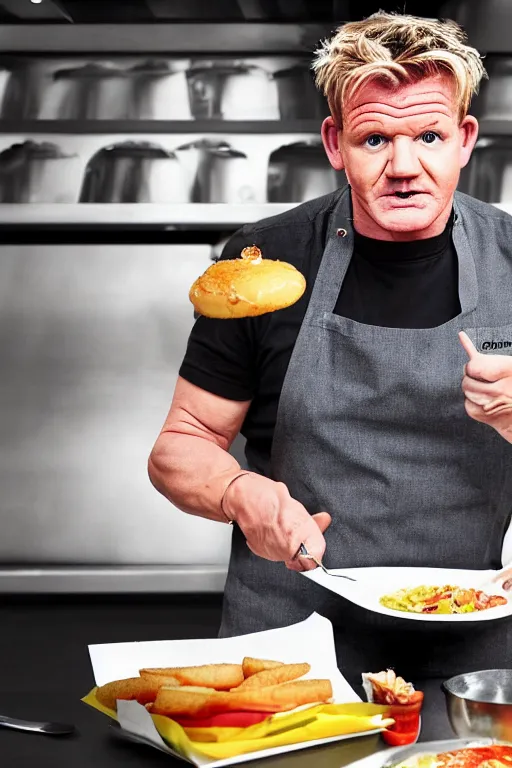 Prompt: photograph of chef gordon ramsay pretending to enjoy eating at mcdonald's, realistic, highly detailed,