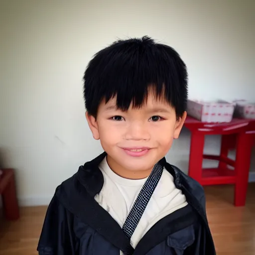 Prompt: vietnamese 6 year old as luke skywalker, underbite, heart shaped face, crew cut hair